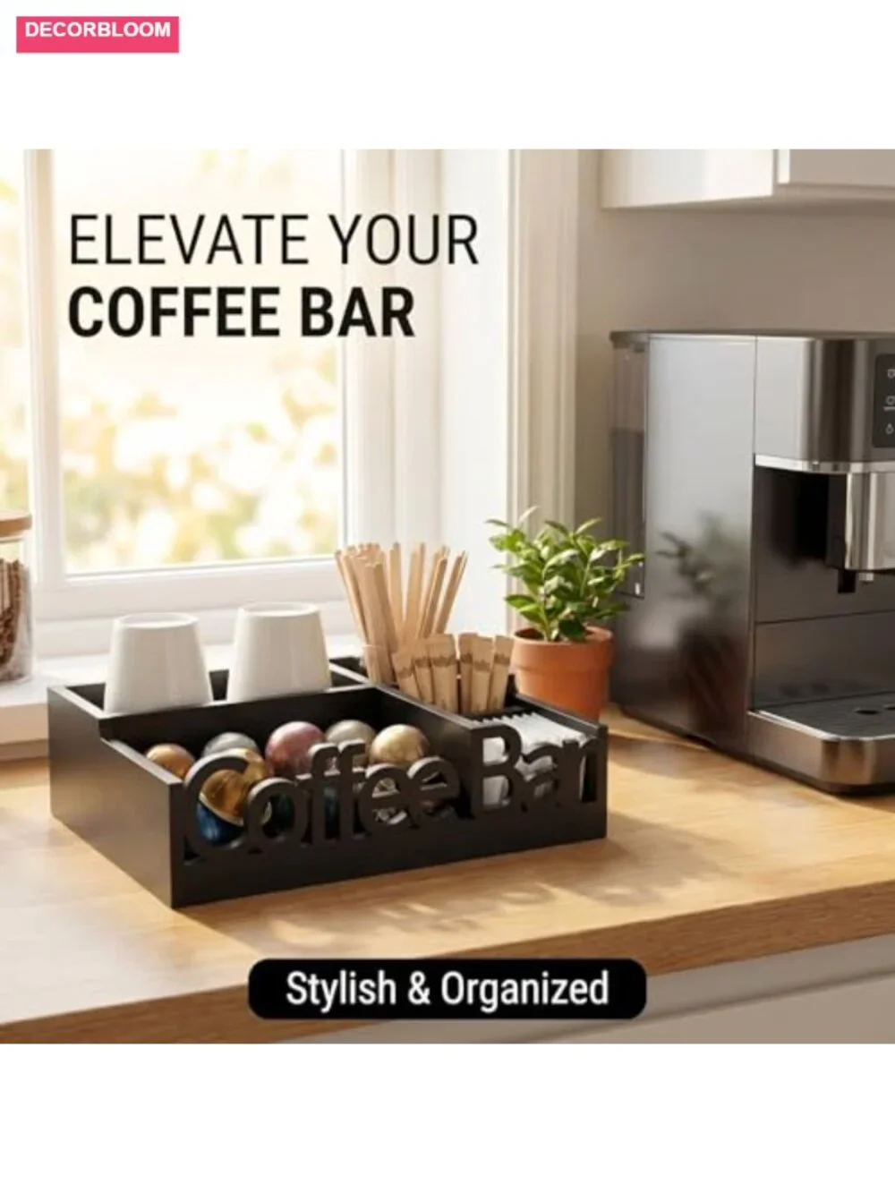 Wood Coffee Bar Organizer Countertop Caddy for Pods, Sugar Packets, Stir Sticks